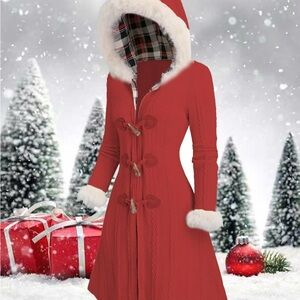 Red Hooded Toggle Coat with Faux Fur Trim